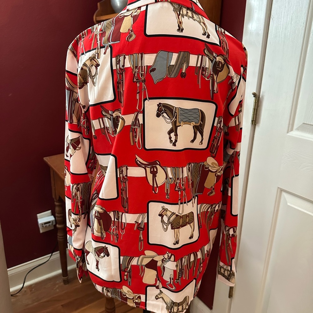 Equestrian Print Red Button Down Shirt - Picture 4 of 7